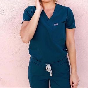 Figs dark Teal scrubs M top, L bottom set
